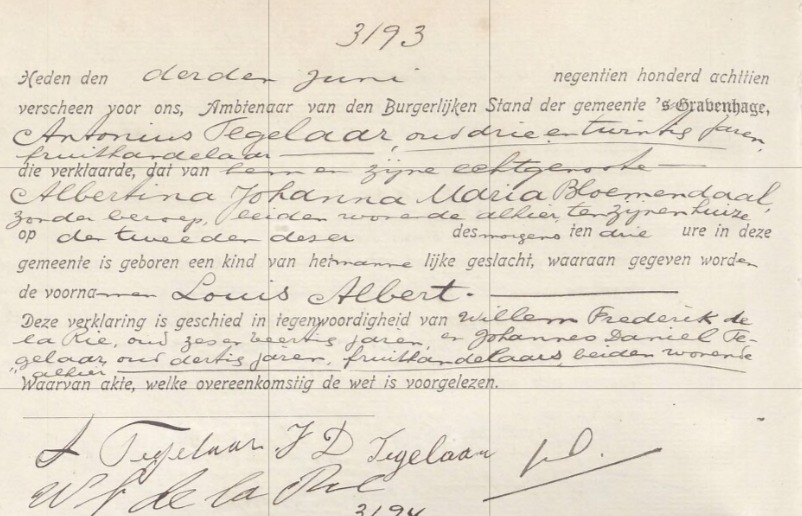 Geboorteakte Louis Albert Tegelaar
