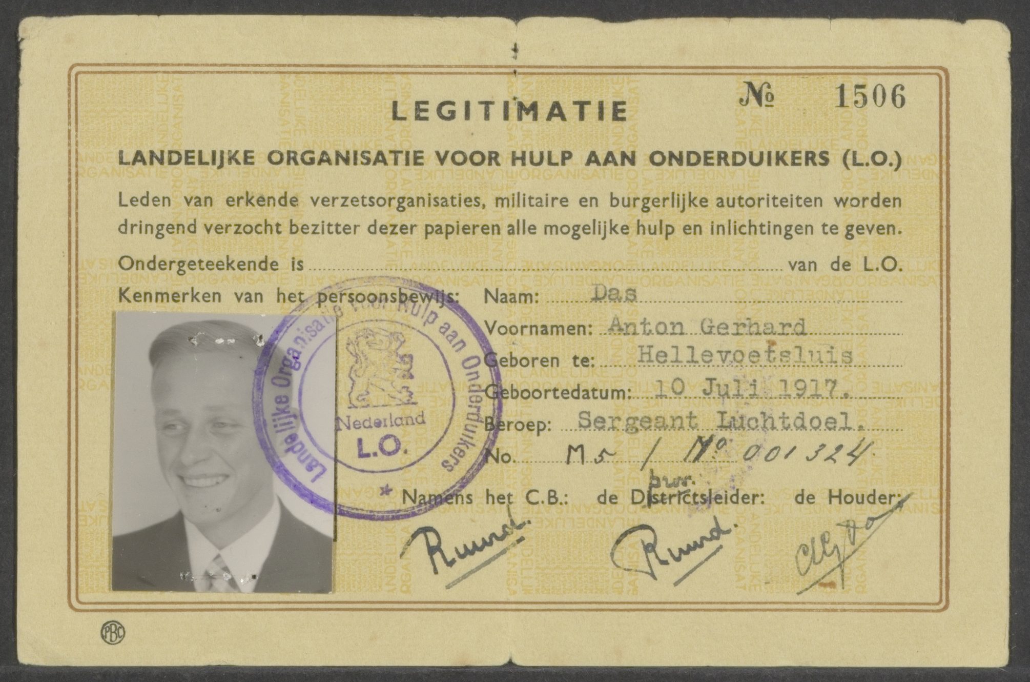 Legitimatie L.O. Anton Gerhard Das