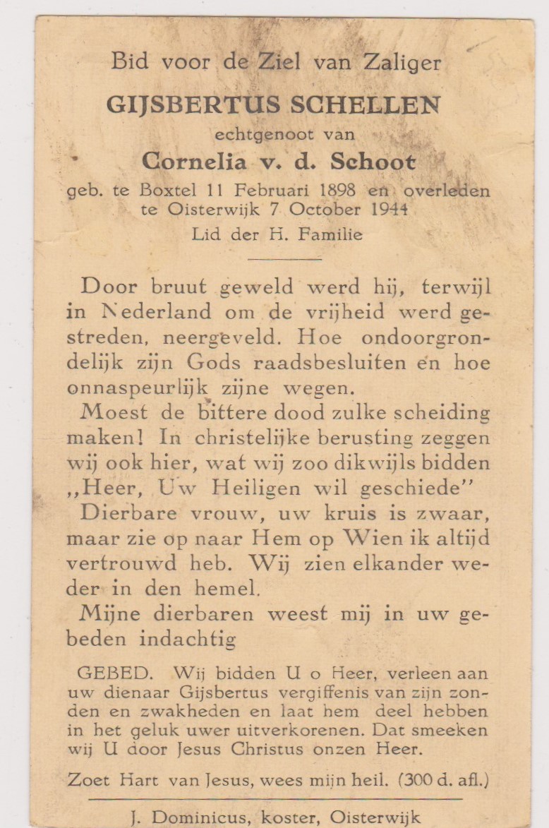 Gijsbertus Schellen achterkant bidprentje