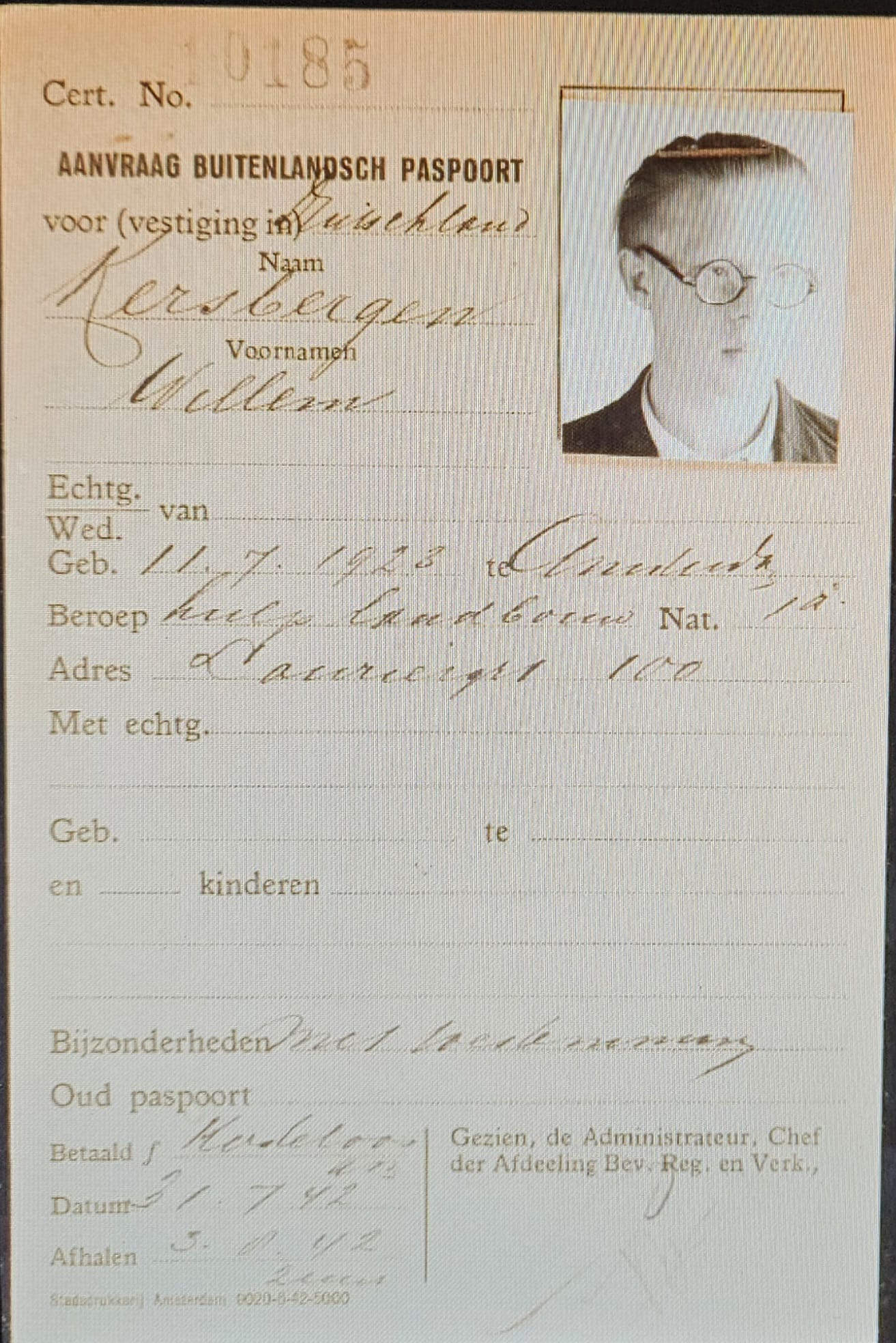 Aanvraag paspoort Willem Kersbergen