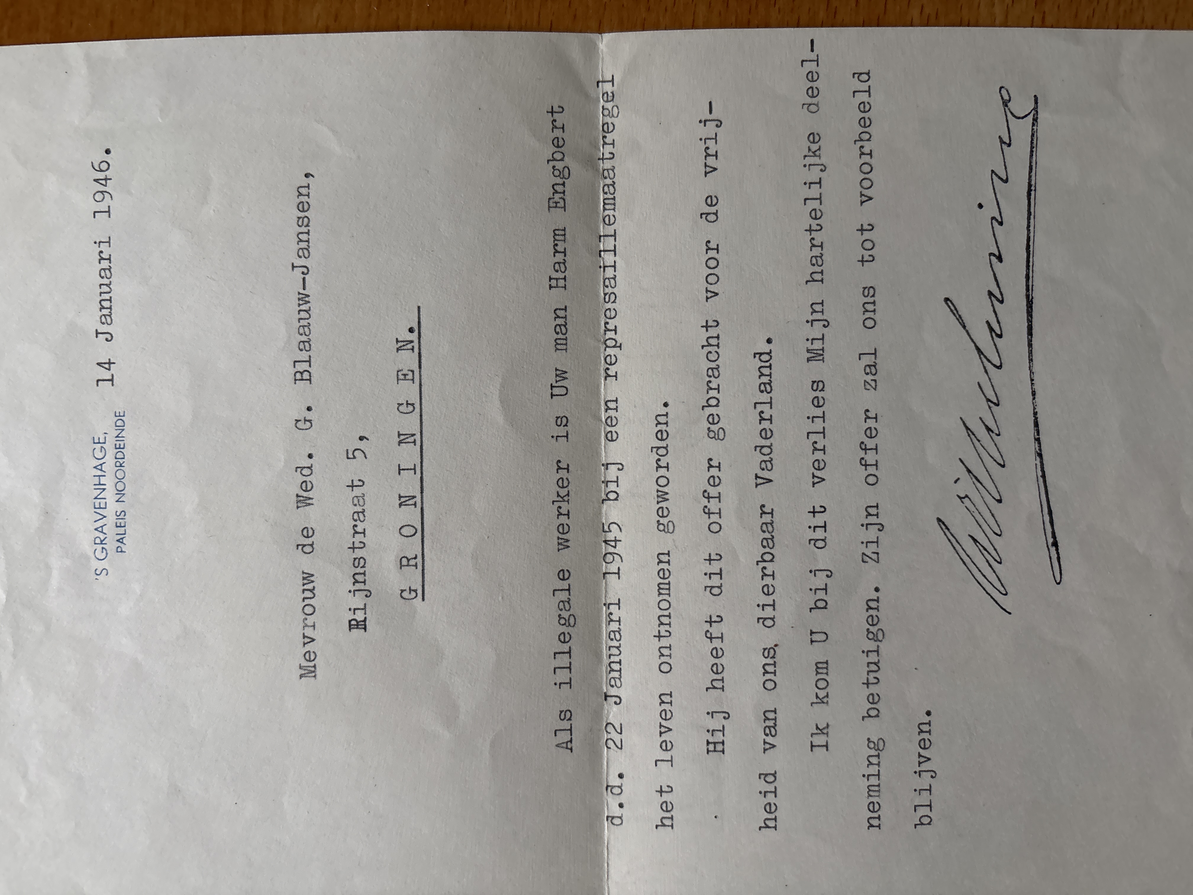 Brief koningin Wilhelmina over represaille Harm Engbert Blaauw