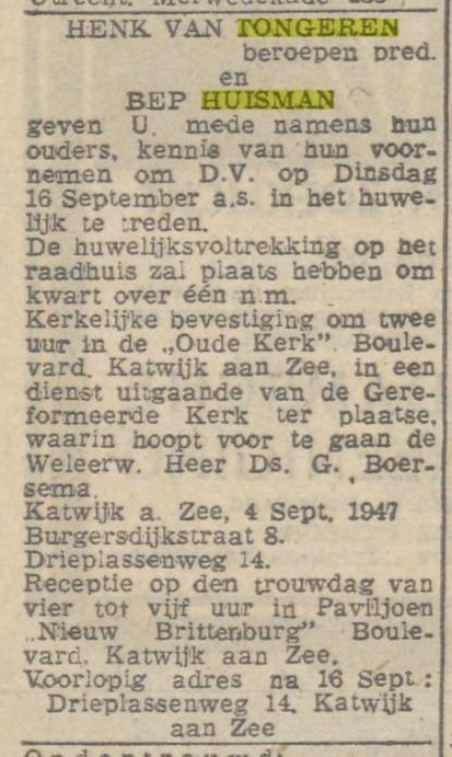 Bewijs huwelijk Henk van Tongeren