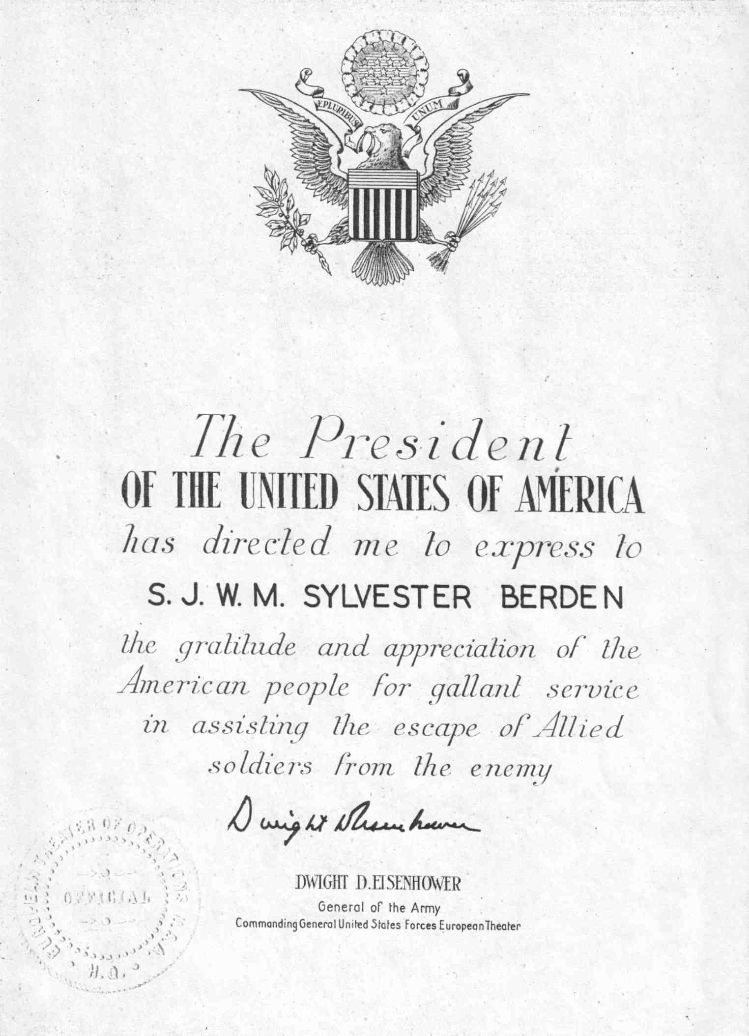 Amerikaanse oorkonde voor Sylvester Berden